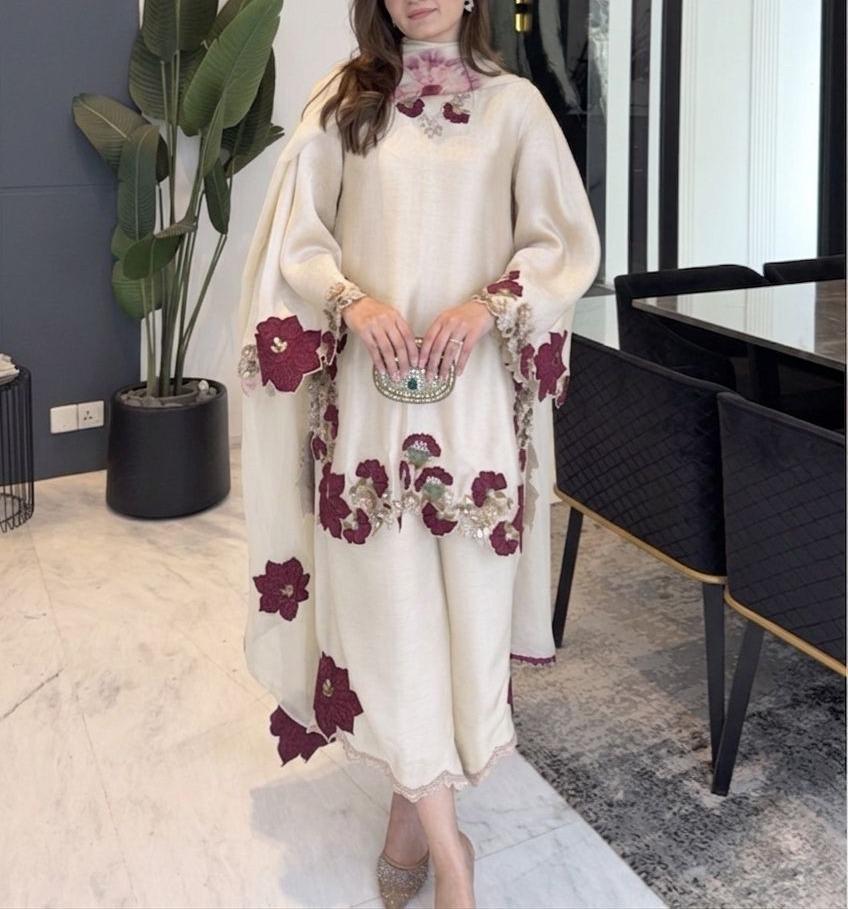 Cream color embroidery co-ord set, cut work embroidery,french crepe fabric