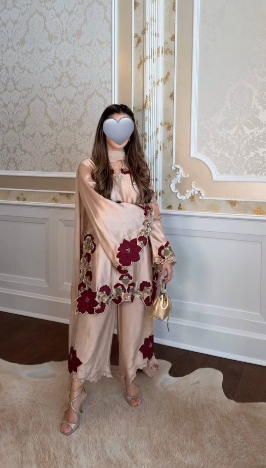 Cream color embroidery co-ord set, cut work embroidery,french crepe fabric