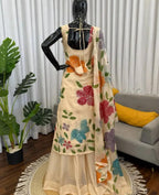 Cream organza silk plazzo suit set is adorned with colorful brush prints with sequence work