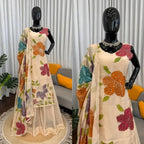 Cream organza silk plazzo suit set is adorned with colorful brush prints with sequence work