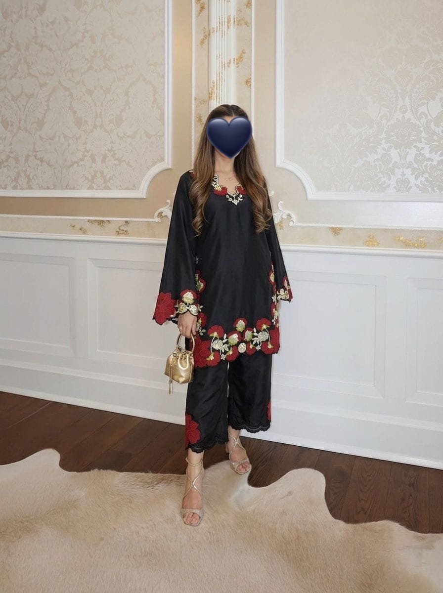 Cream color embroidery co-ord set, cut work embroidery,french crepe fabric