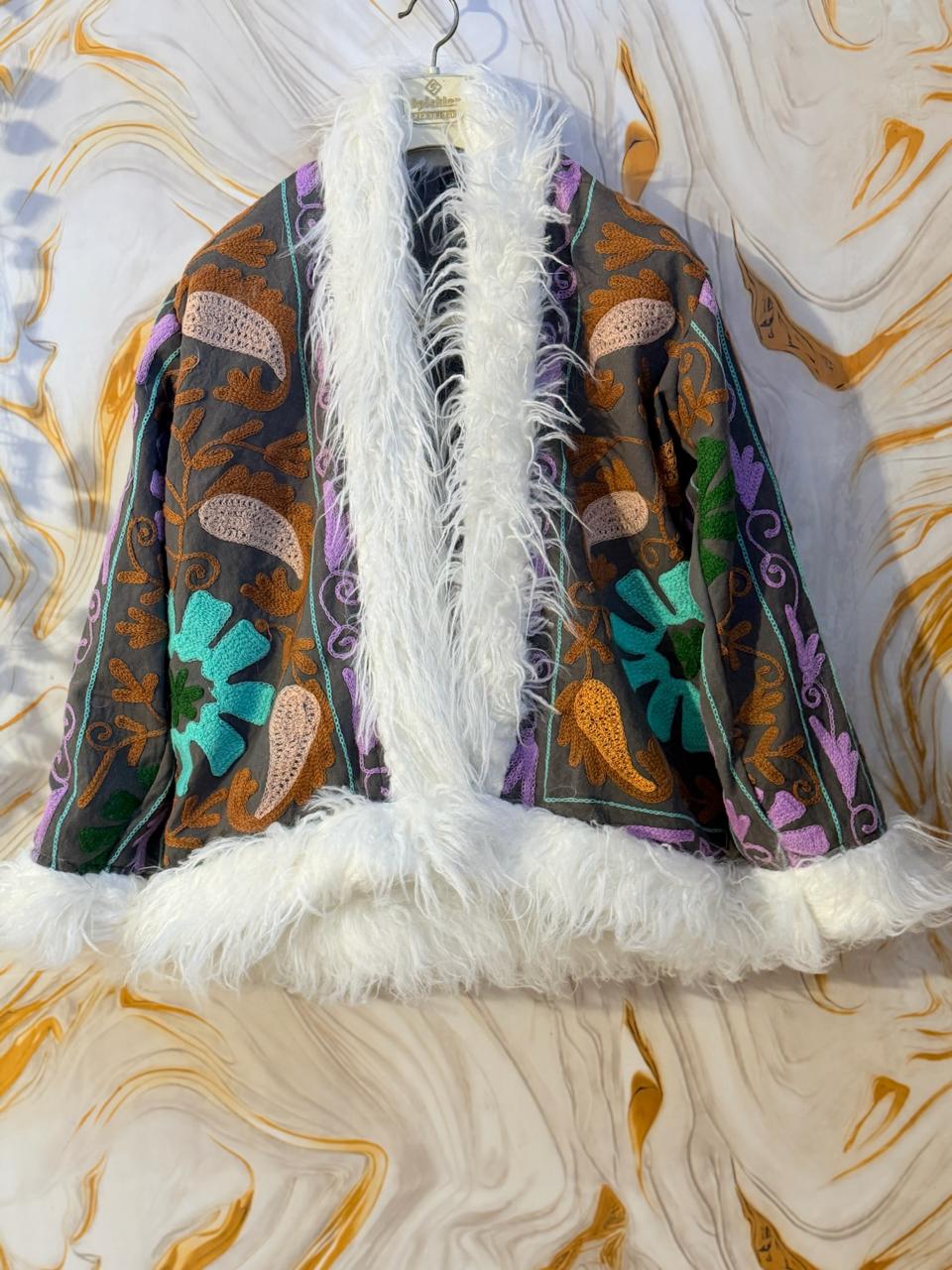 Embroidered Boho Afghan Jacket with Mongolian fur trim