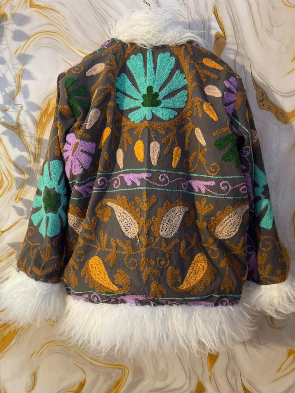 Embroidered Boho Afghan Jacket with Mongolian fur trim
