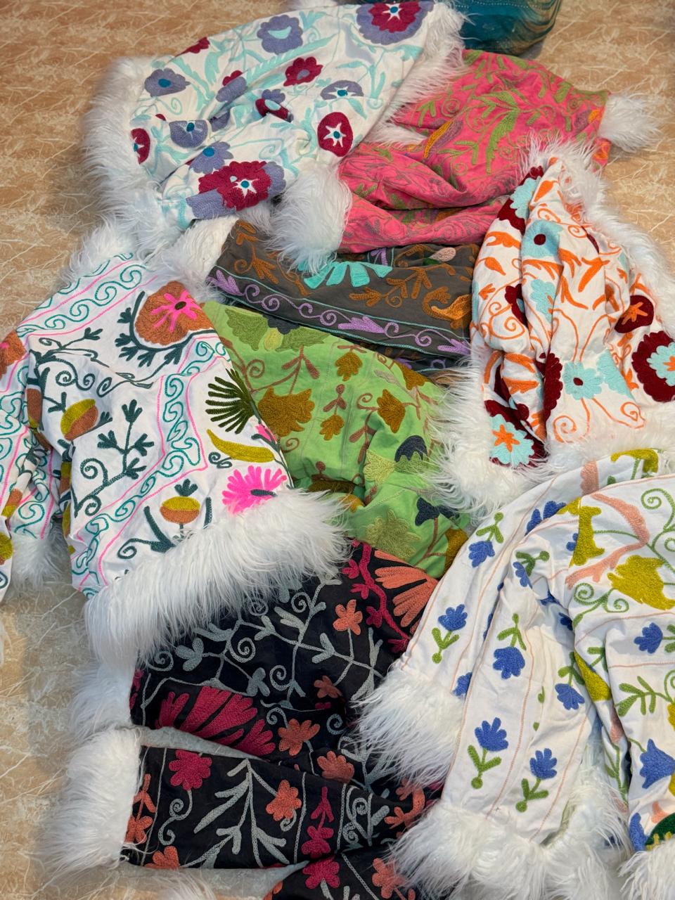 Embroidered Boho Afghan Jacket with Mongolian fur trim