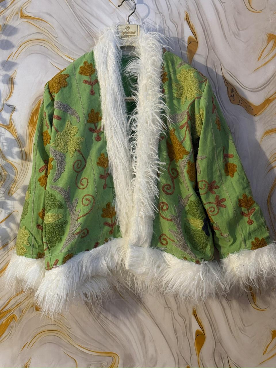 Embroidered Boho Afghan Jacket with Mongolian fur trim