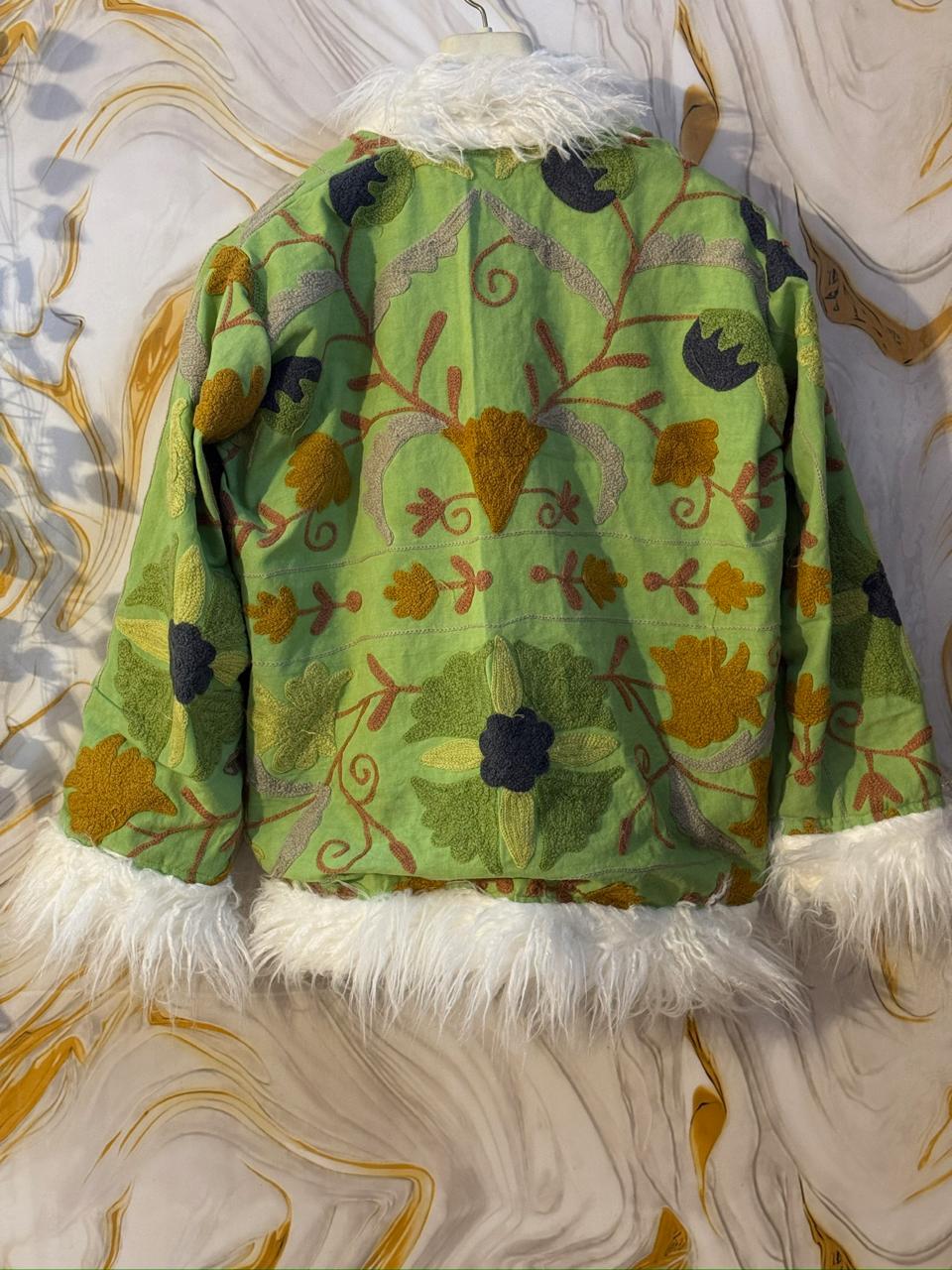 Embroidered Boho Afghan Jacket with Mongolian fur trim