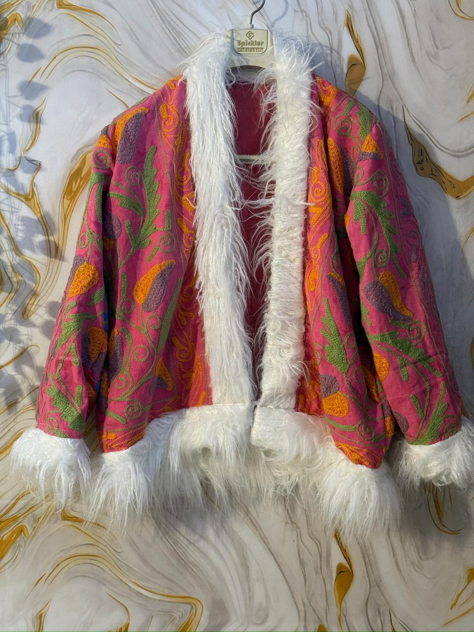 Embroidered Boho Afghan Jacket with Mongolian fur trim