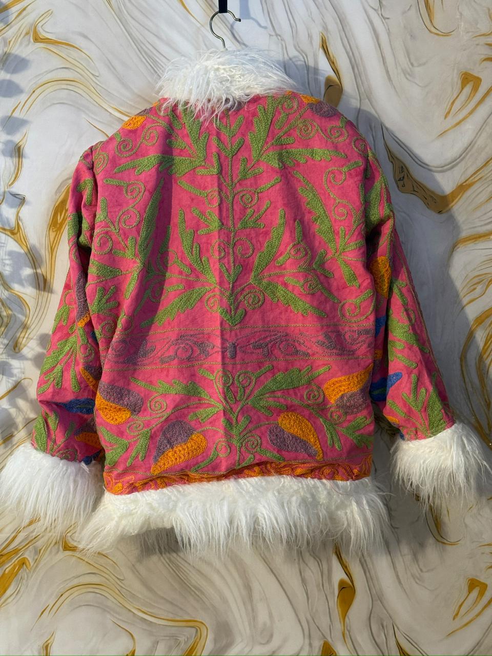 Embroidered Boho Afghan Jacket with Mongolian fur trim