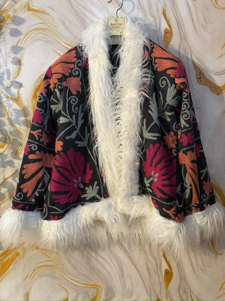 Embroidered Boho Afghan Jacket with Mongolian fur trim