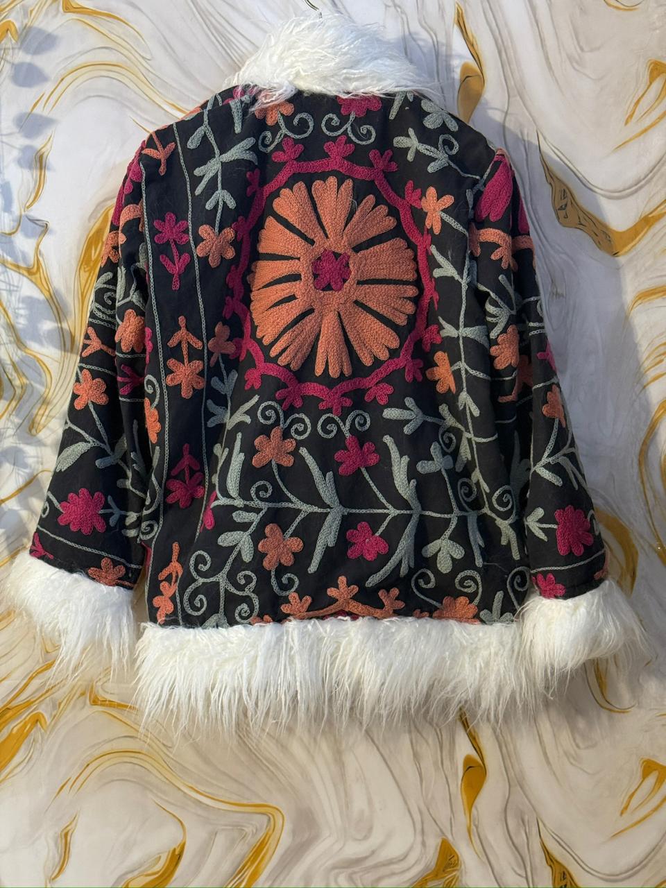Embroidered Boho Afghan Jacket with Mongolian fur trim