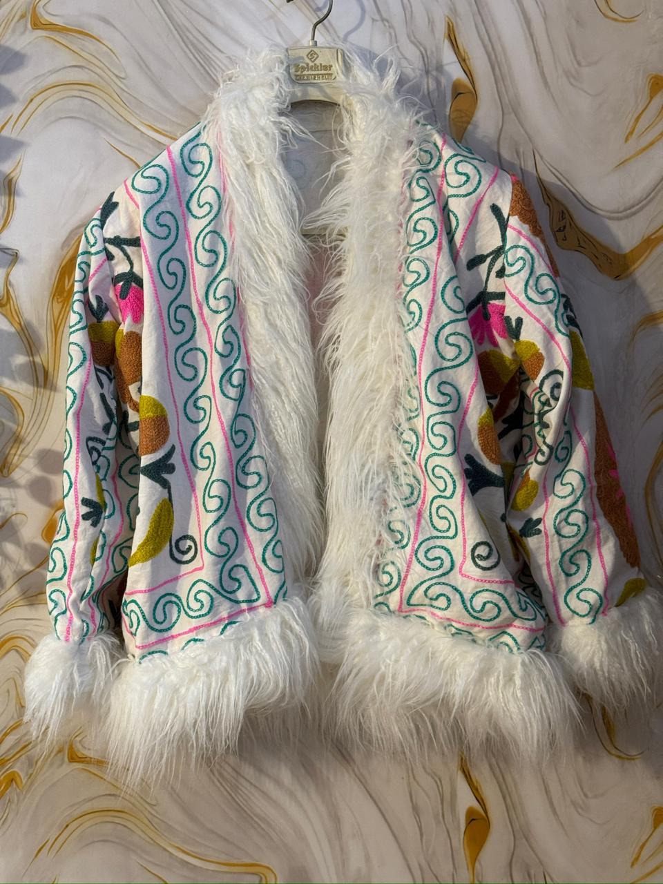 Embroidered Boho Afghan Jacket with Mongolian fur trim