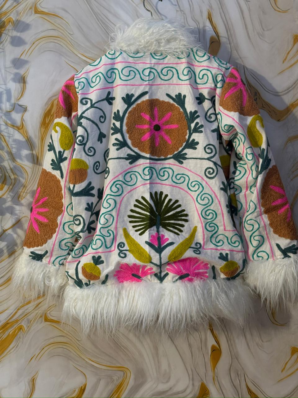 Embroidered Boho Afghan Jacket with Mongolian fur trim