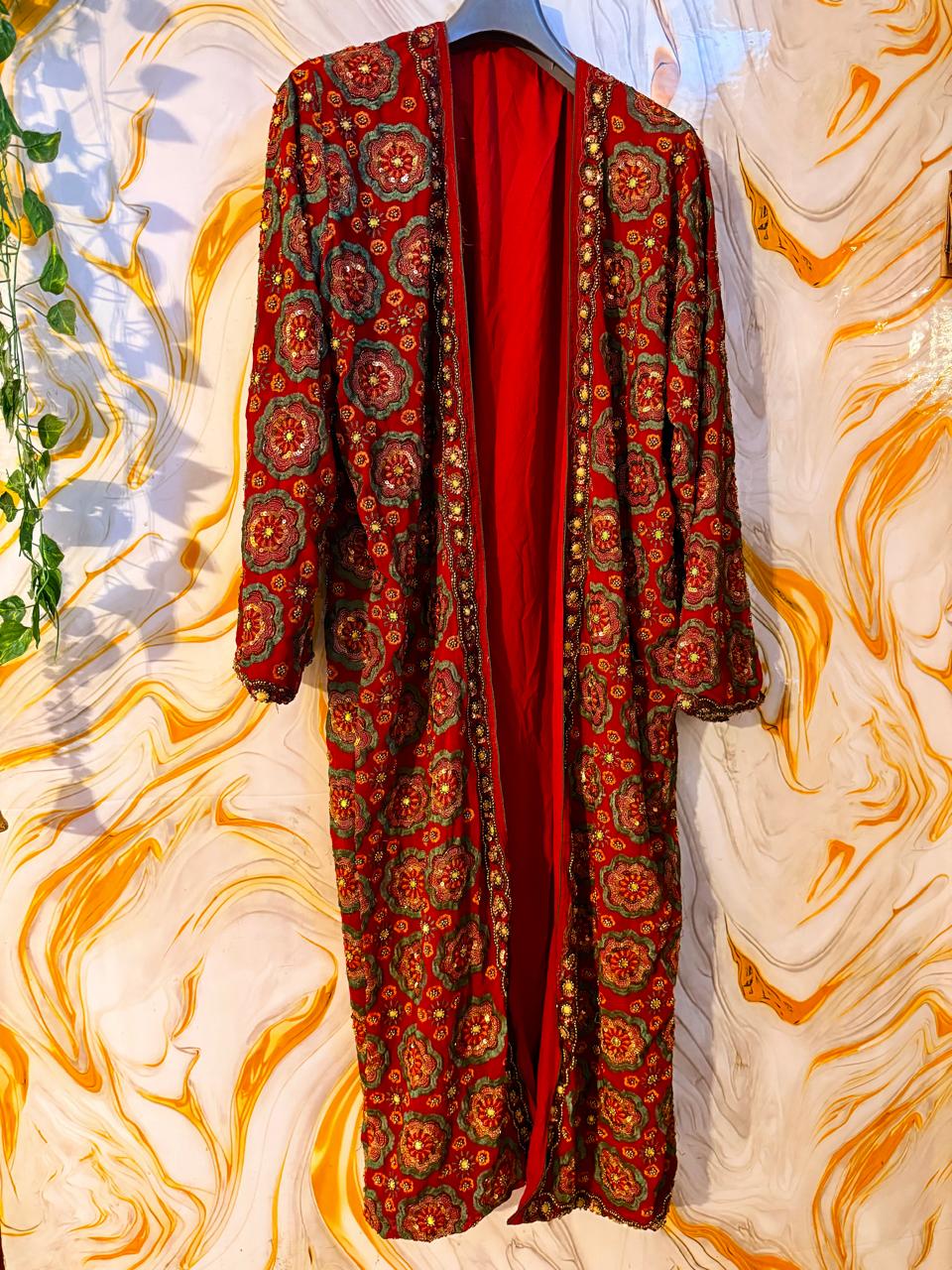 Red Vintage Embellished Long kimono, Beaded work kimono, festival kimono, sequins Kimono