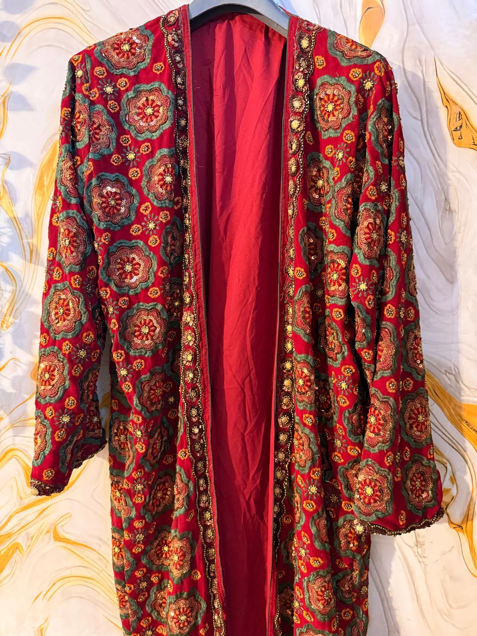 Red Vintage Embellished Long kimono, Beaded work kimono, festival kimono, sequins Kimono