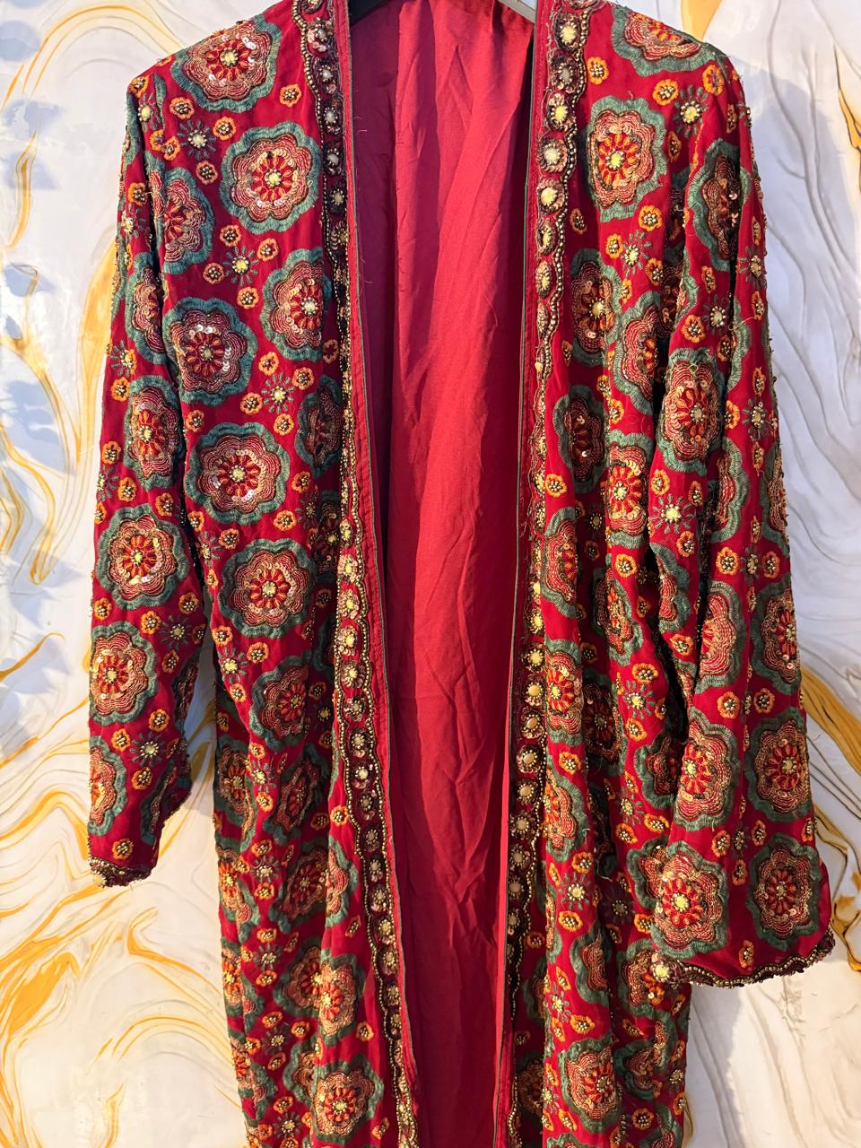 Red Vintage Embellished Long kimono, Beaded work kimono, festival kimono, sequins Kimono