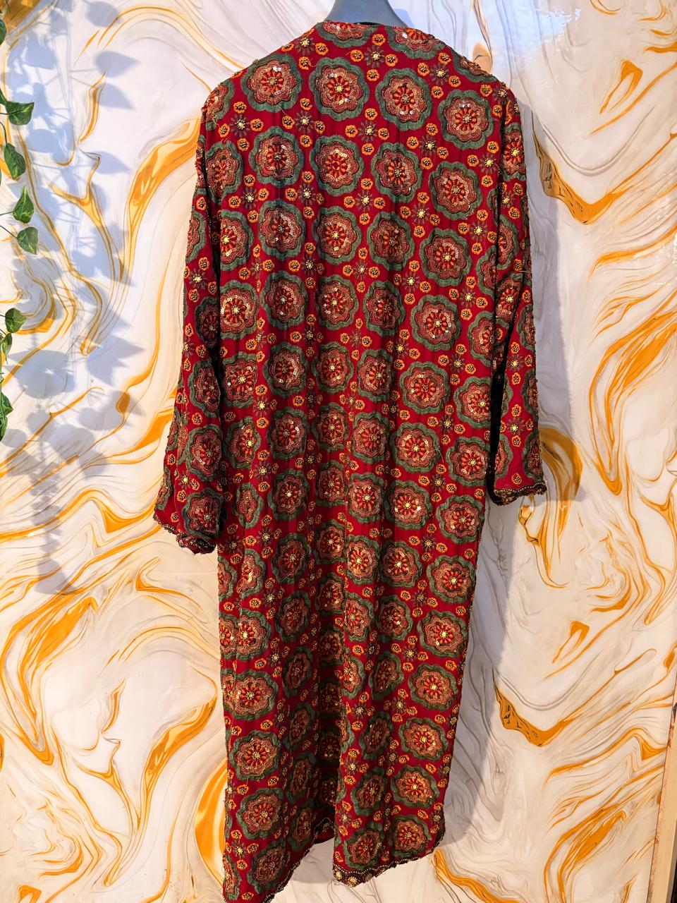 Red Vintage Embellished Long kimono, Beaded work kimono, festival kimono, sequins Kimono