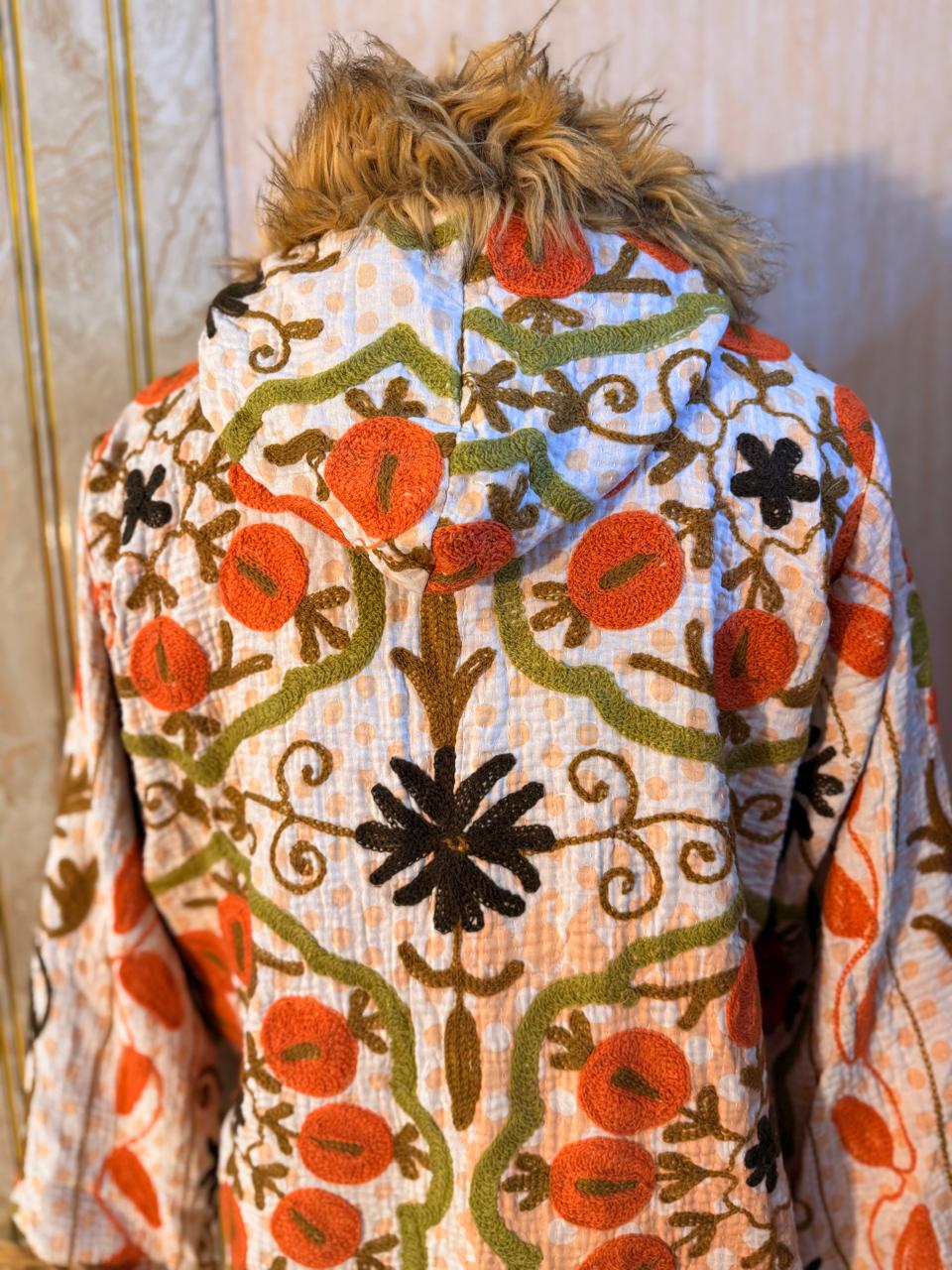 Vintage Kantha Suzani Fur Hoodie Coat, kantha Hoodie jacket, kantha Jacket, Vintage kantha Coat, Festival Coat,