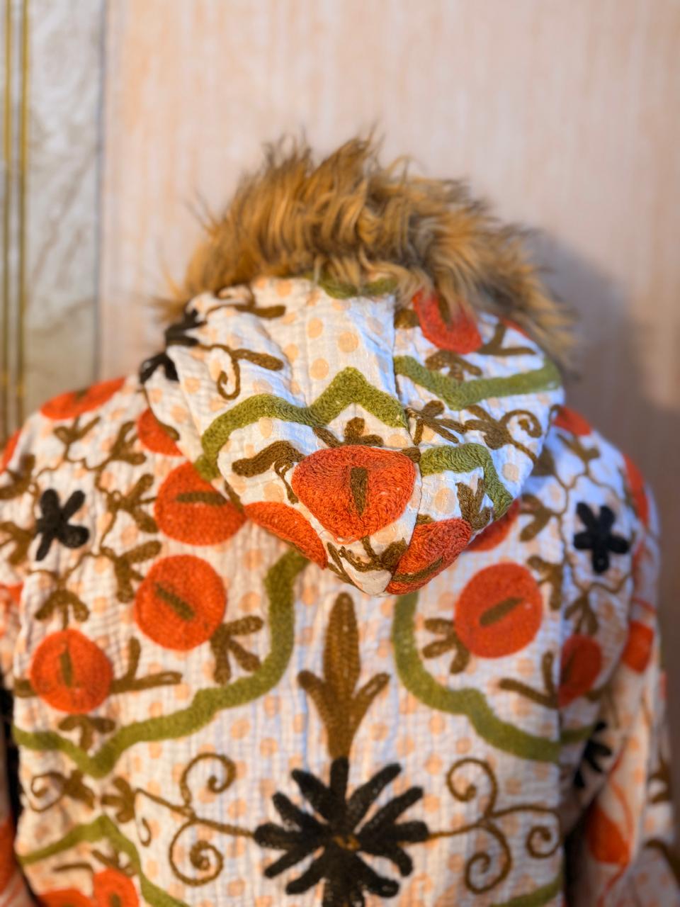 Vintage Kantha Suzani Fur Hoodie Coat, kantha Hoodie jacket, kantha Jacket, Vintage kantha Coat, Festival Coat,