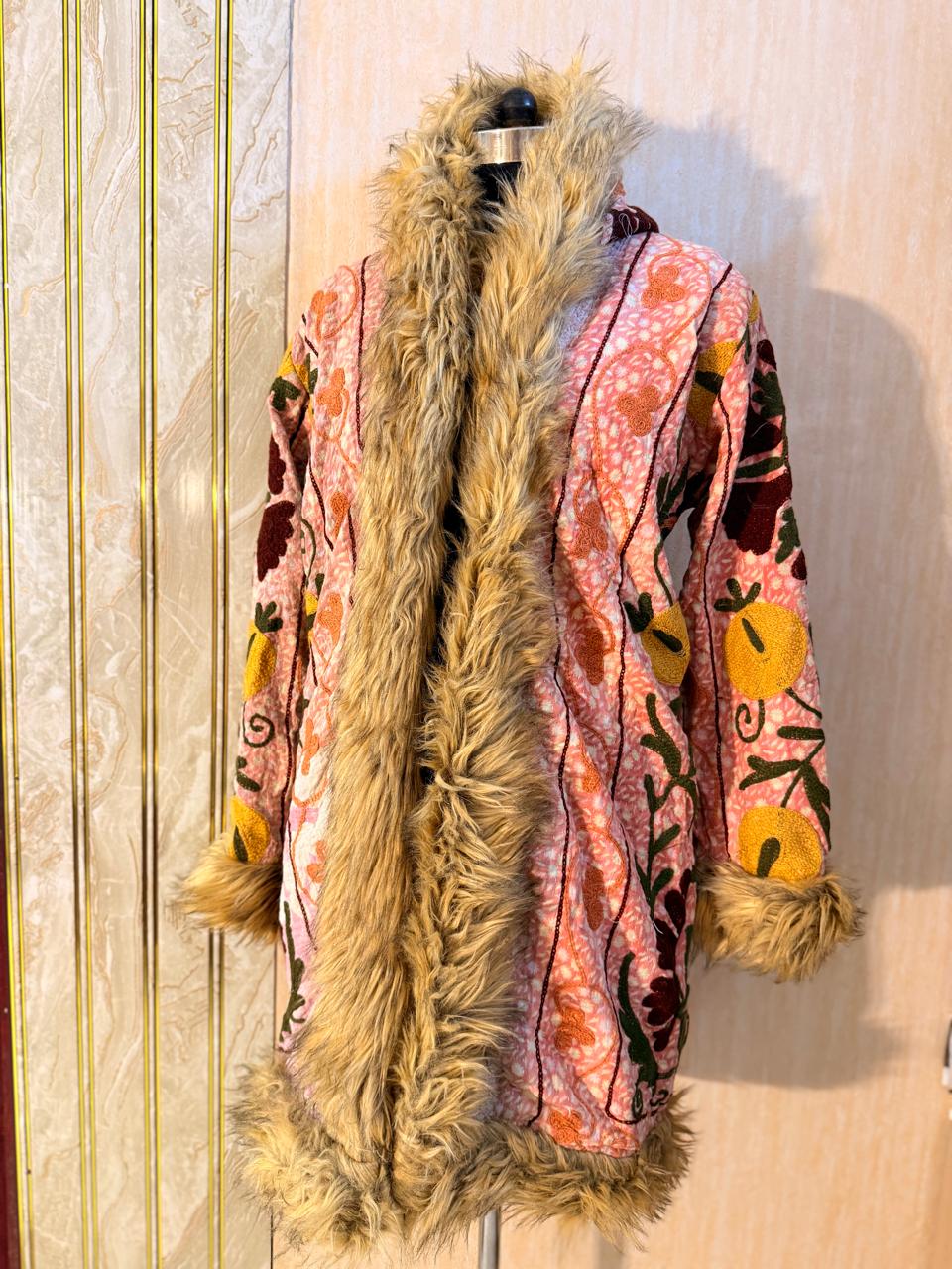 Vintage Kantha Suzani Fur Hoodie Coat