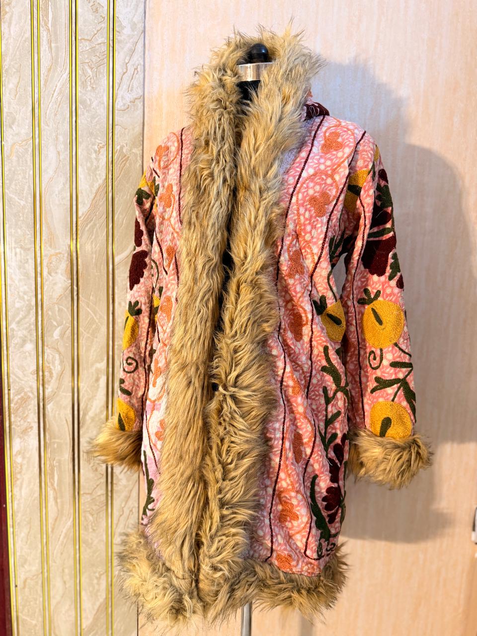 Vintage Kantha Suzani Fur Hoodie Coat