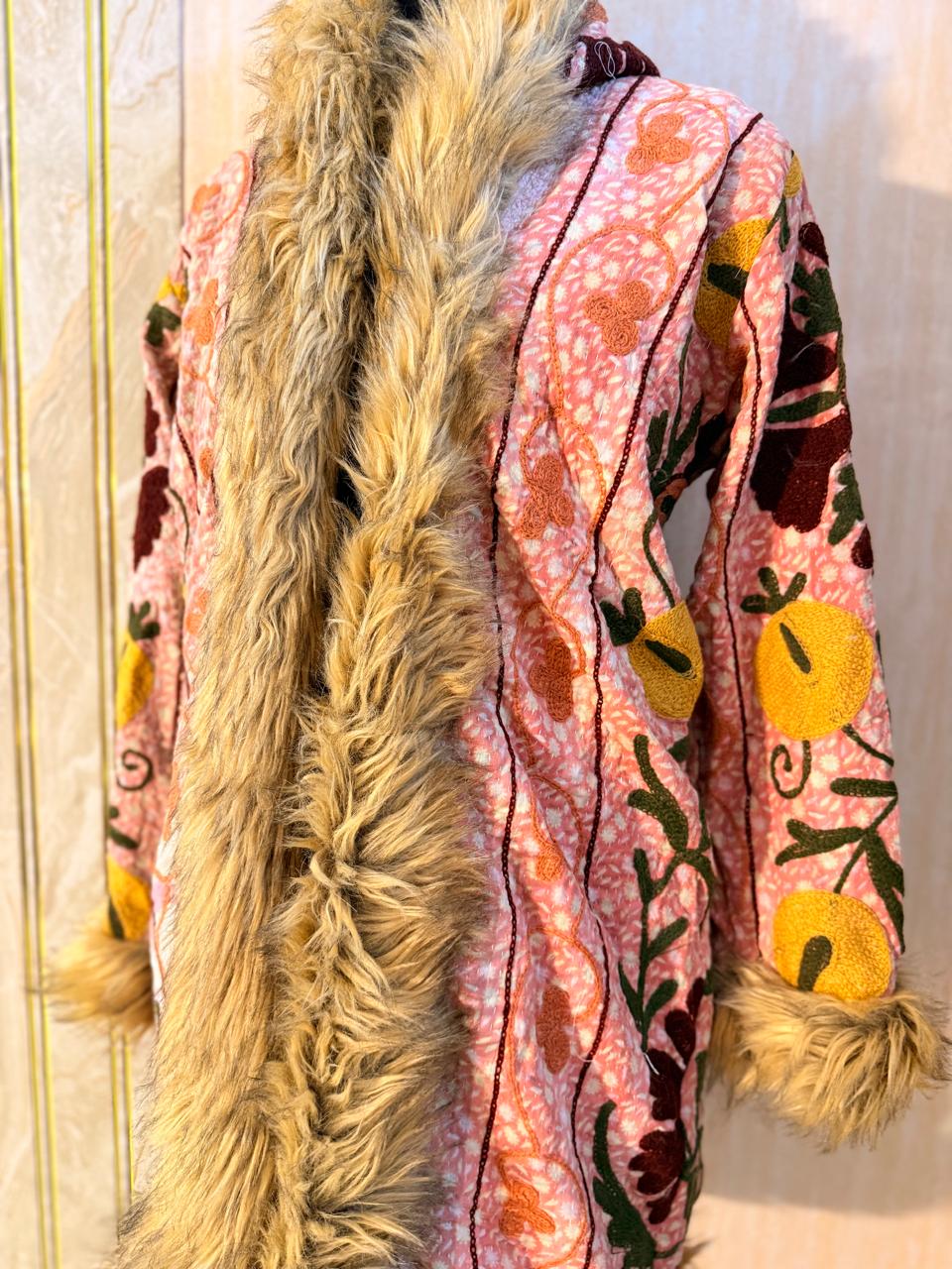 Vintage Kantha Suzani Fur Hoodie Coat