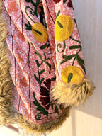 Vintage Kantha Suzani Fur Hoodie Coat