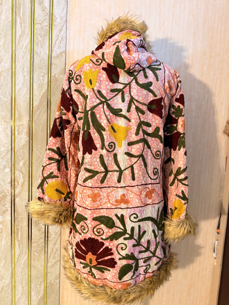 Vintage Kantha Suzani Fur Hoodie Coat
