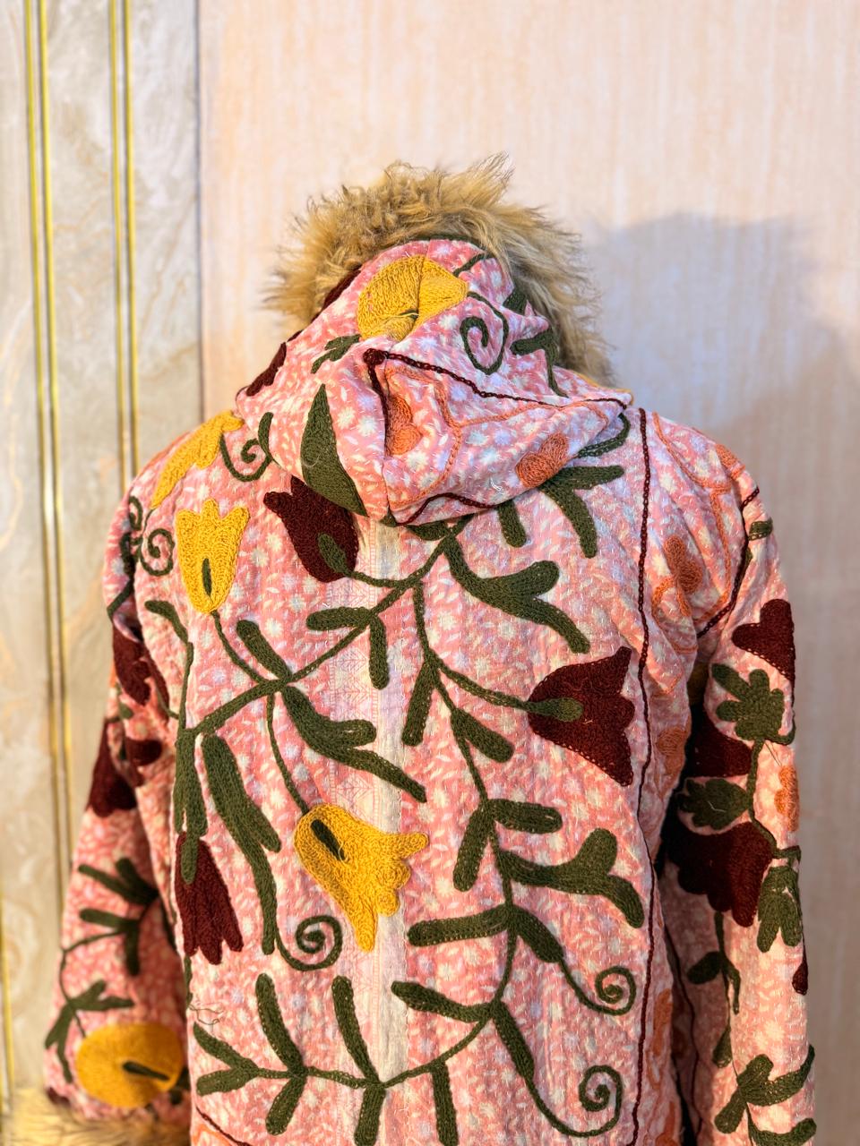Vintage Kantha Suzani Fur Hoodie Coat