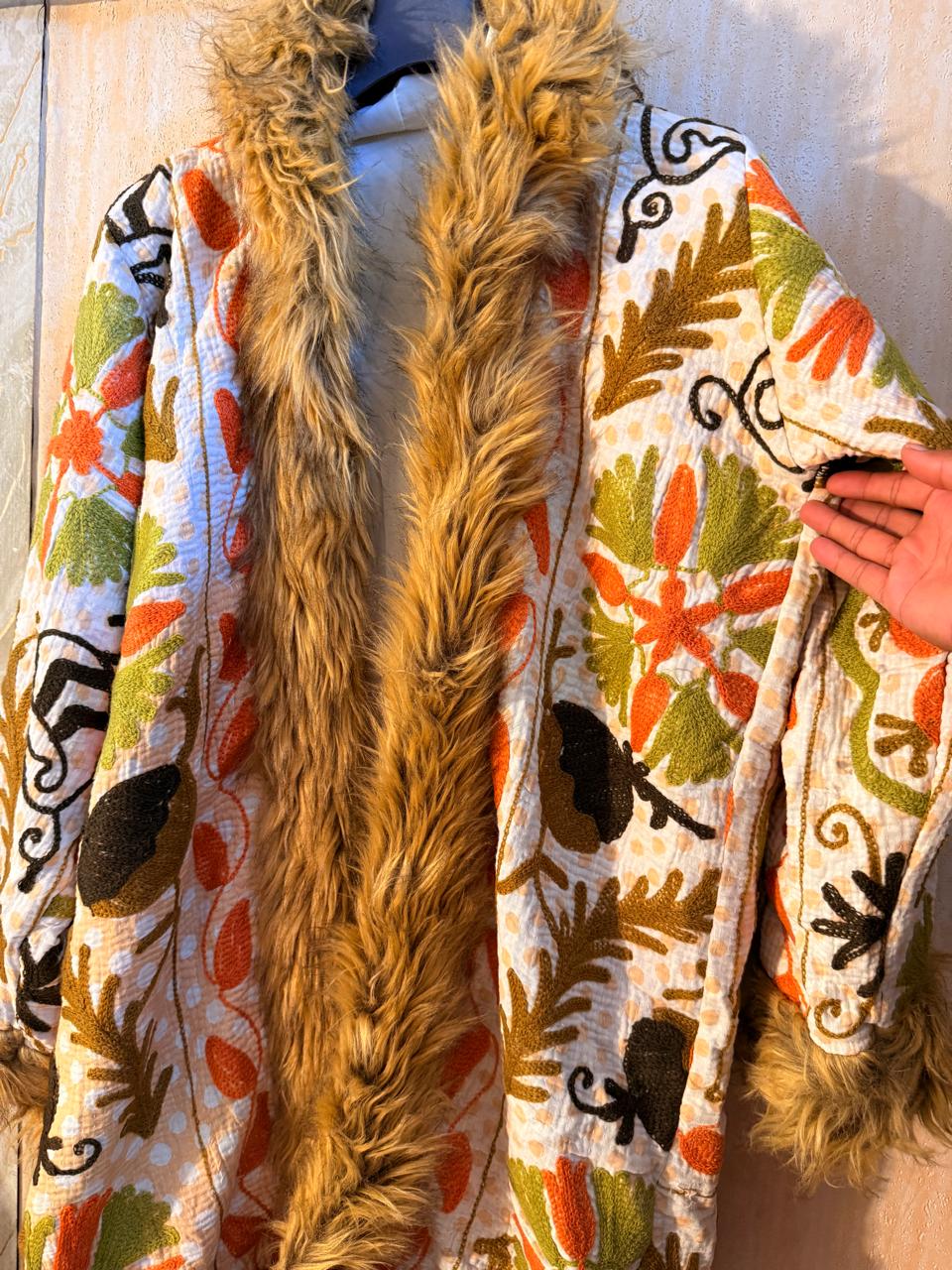 Vintage Kantha Suzani Fur Hoodie Coat, kantha Hoodie jacket, kantha Jacket, Vintage kantha Coat, Festival Coat,