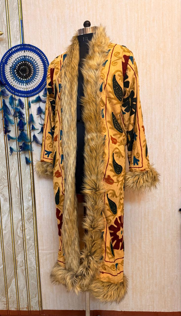Vintage Kantha Suzani Fur Coat, Bohemian Festival Long Coat, Open Front Jacket with Mongolian Fur