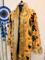 Vintage Kantha Suzani Fur Coat, Bohemian Festival Long Coat, Open Front Jacket with Mongolian Fur