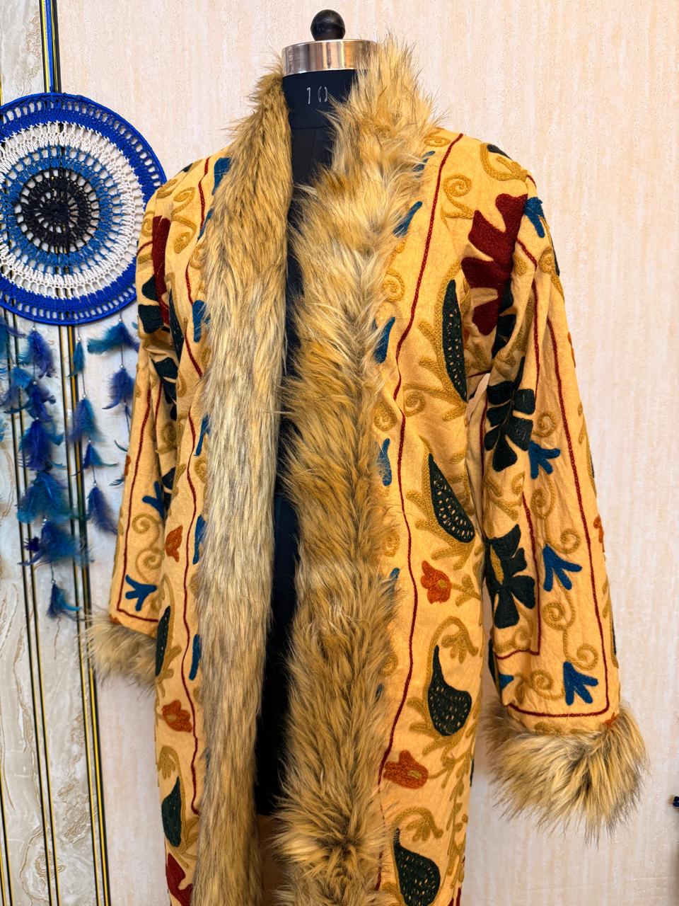 Vintage Kantha Suzani Fur Coat, Bohemian Festival Long Coat, Open Front Jacket with Mongolian Fur