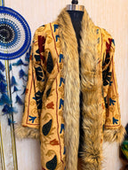 Vintage Kantha Suzani Fur Coat, Bohemian Festival Long Coat, Open Front Jacket with Mongolian Fur