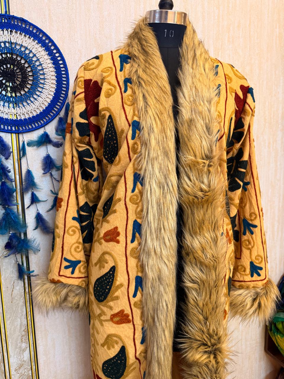 Vintage Kantha Suzani Fur Coat, Bohemian Festival Long Coat, Open Front Jacket with Mongolian Fur