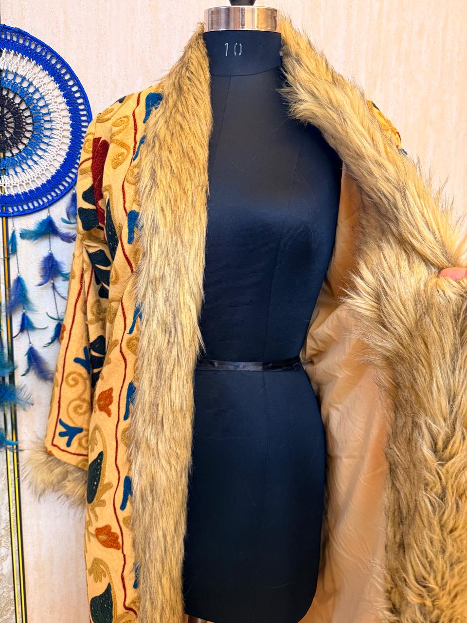 Vintage Kantha Suzani Fur Coat, Bohemian Festival Long Coat, Open Front Jacket with Mongolian Fur