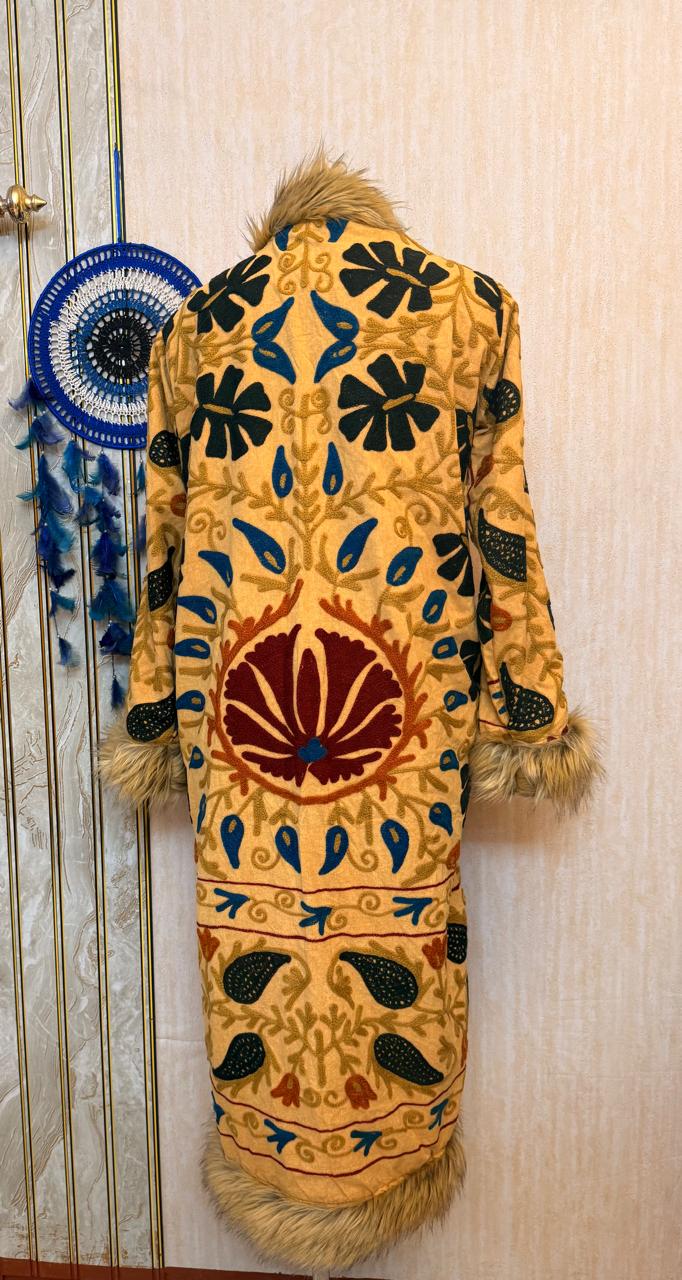 Vintage Kantha Suzani Fur Coat, Bohemian Festival Long Coat, Open Front Jacket with Mongolian Fur