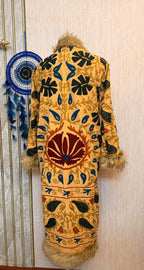 Vintage Kantha Suzani Fur Coat, Bohemian Festival Long Coat, Open Front Jacket with Mongolian Fur