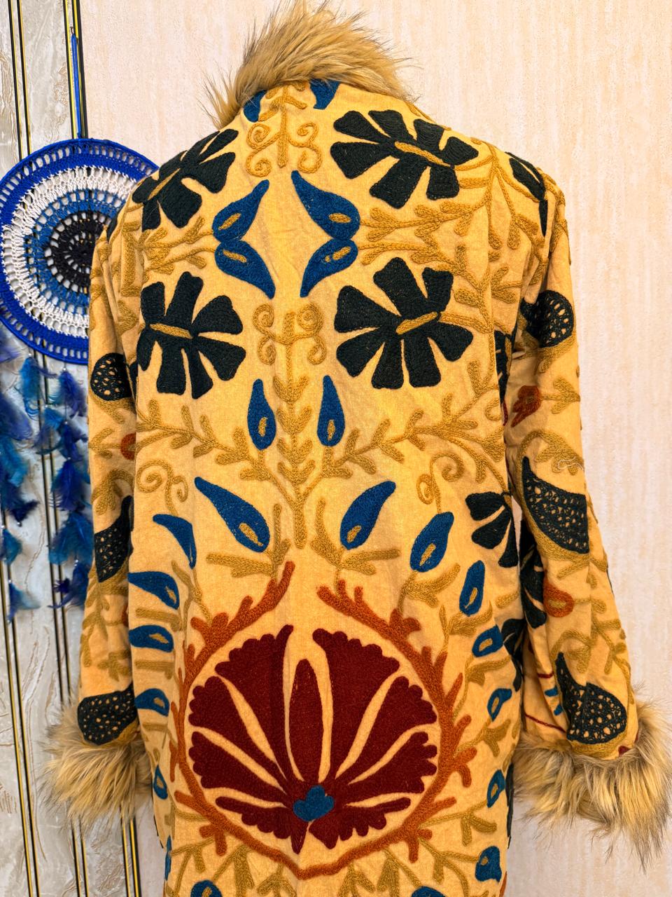 Vintage Kantha Suzani Fur Coat, Bohemian Festival Long Coat, Open Front Jacket with Mongolian Fur