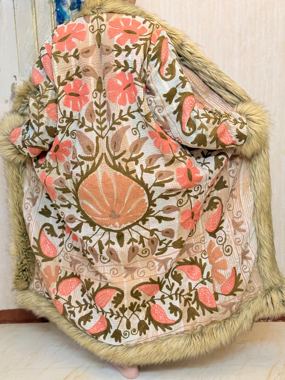 Vintage Kantha Suzani Long Afghan Coat | Bohemian Festival Open Front Jacket, Bohemian Festival Winter Jacket