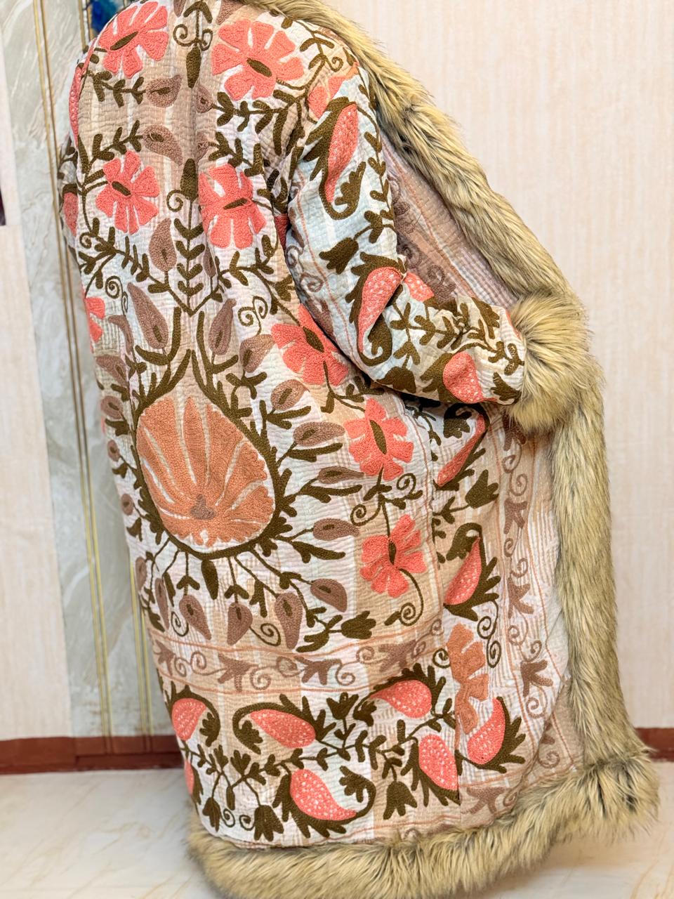 Vintage Kantha Suzani Long Afghan Coat | Bohemian Festival Open Front Jacket, Bohemian Festival Winter Jacket