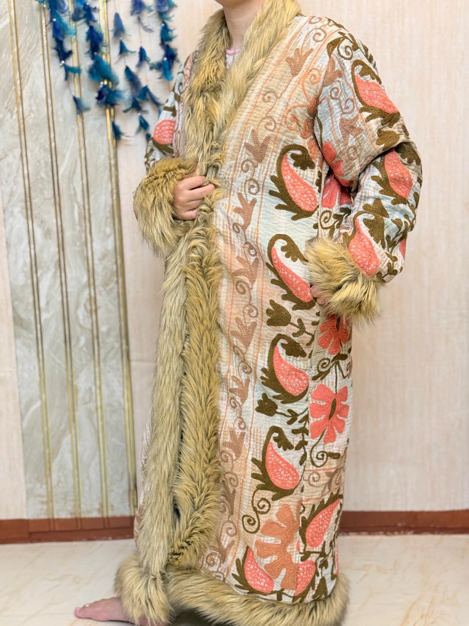 Vintage Kantha Suzani Long Afghan Coat | Bohemian Festival Open Front Jacket, Bohemian Festival Winter Jacket