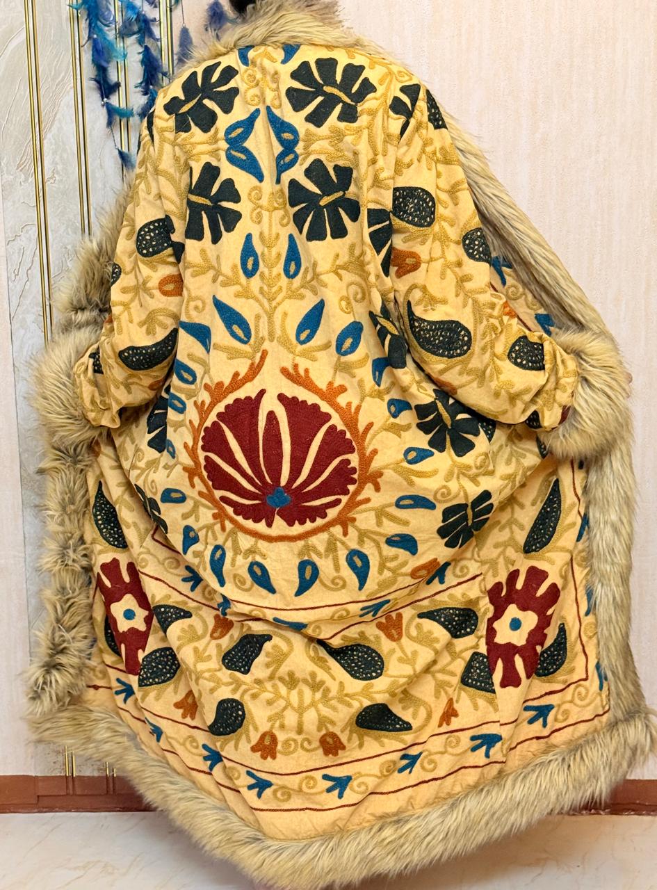 Vintage Kantha Suzani Fur Coat, Bohemian Festival Long Coat, Open Front Jacket with Mongolian Fur