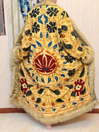 Vintage Kantha Suzani Fur Coat, Bohemian Festival Long Coat, Open Front Jacket with Mongolian Fur