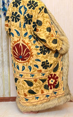 Vintage Kantha Suzani Fur Coat, Bohemian Festival Long Coat, Open Front Jacket with Mongolian Fur
