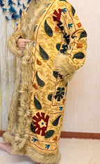 Vintage Kantha Suzani Fur Coat, Bohemian Festival Long Coat, Open Front Jacket with Mongolian Fur