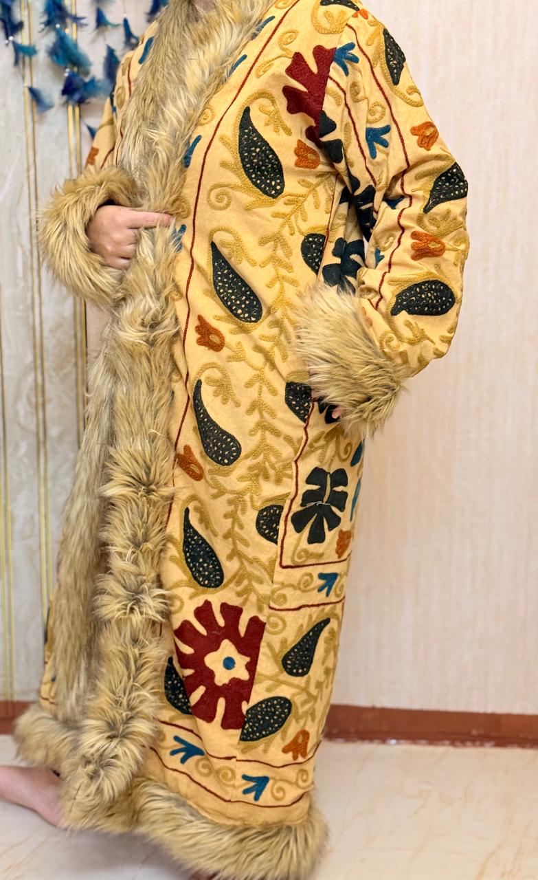 Vintage Kantha Suzani Fur Coat, Bohemian Festival Long Coat, Open Front Jacket with Mongolian Fur