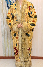 Vintage Kantha Suzani Fur Coat, Bohemian Festival Long Coat, Open Front Jacket with Mongolian Fur