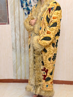 Vintage Kantha Suzani Fur Coat, Bohemian Festival Long Coat, Open Front Jacket with Mongolian Fur
