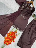 Brown pink pakistani co-ord set, Pur natural crap with embroidery,