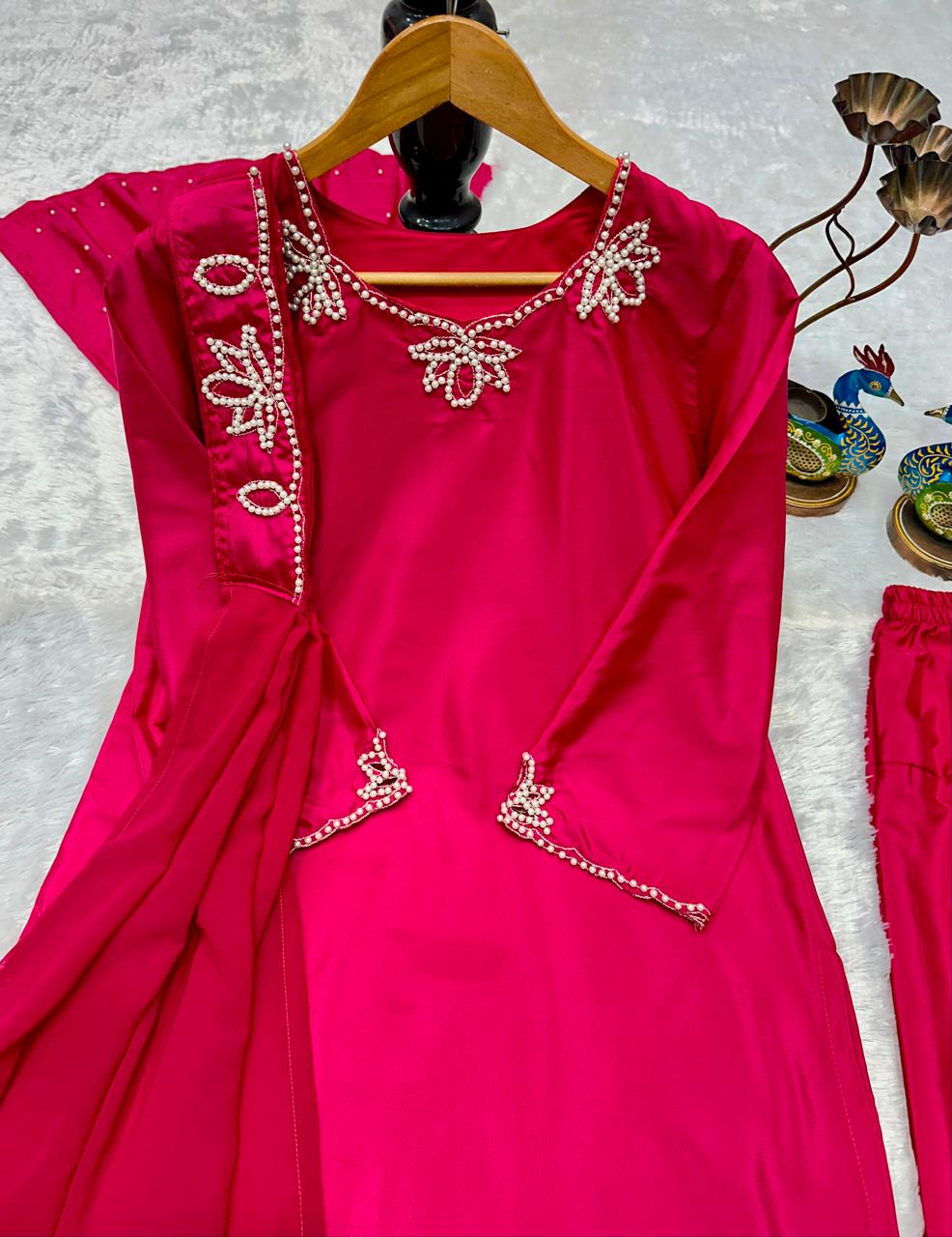 Brown pink pakistani co-ord set, Pur natural crap with embroidery,